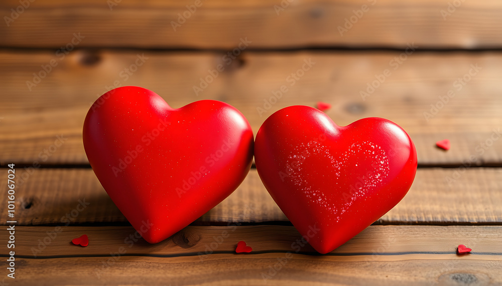 Valentines day background with two red hearts on wooden background isolated with white highlights, png