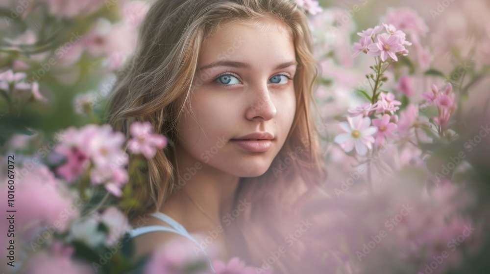 Young woman surrounded by pink flowers, showcasing natural beauty in a serene setting full of blossoms and soft light. Young woman surrounded by pink flowers, showcasing natural beauty in a serene setting full of blossoms and soft light.
