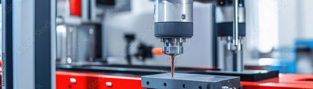 Precision machinery in a manufacturing setting, featuring a close-up of a drill performing operations on a metal workpiece. Precision machinery in a manufacturing setting, featuring a close-up of a drill performing operations on a metal workpiece.