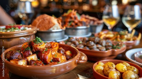 Close-up of Roasted Potatoes and Meat in a Clay Bowl on a Wooden Table