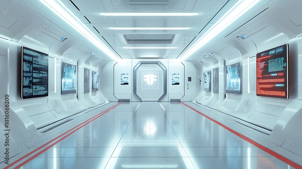 Futuristic Sci-Fi Hallway Interior with Computer and Monitor Screen on Wall, 3D Rendering. Futuristic Sci-Fi Hallway Interior with Computer and Monitor Screen on Wall, 3D Rendering.