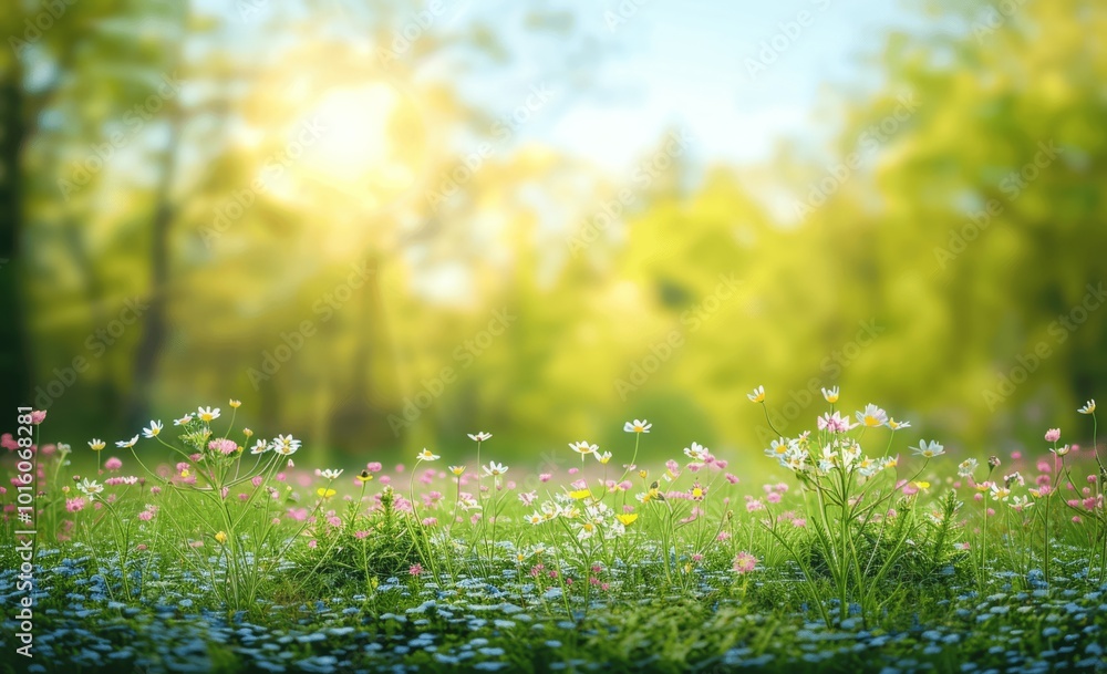 Spring Meadow with Blooming Flowers and Trees on a Sunny Day Spring Meadow with Blooming Flowers and Trees on a Sunny Day