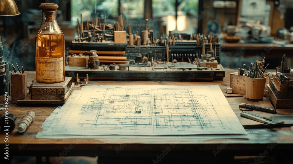 A detailed architectural table with blueprint detail design and drafting A detailed architectural table with blueprint detail design and drafting