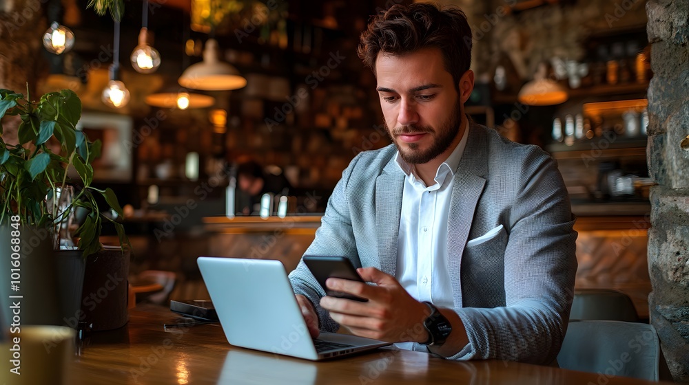 Businessman Using Laptop and Phone in a Restaurant Businessman Using Laptop and Phone in a Restaurant