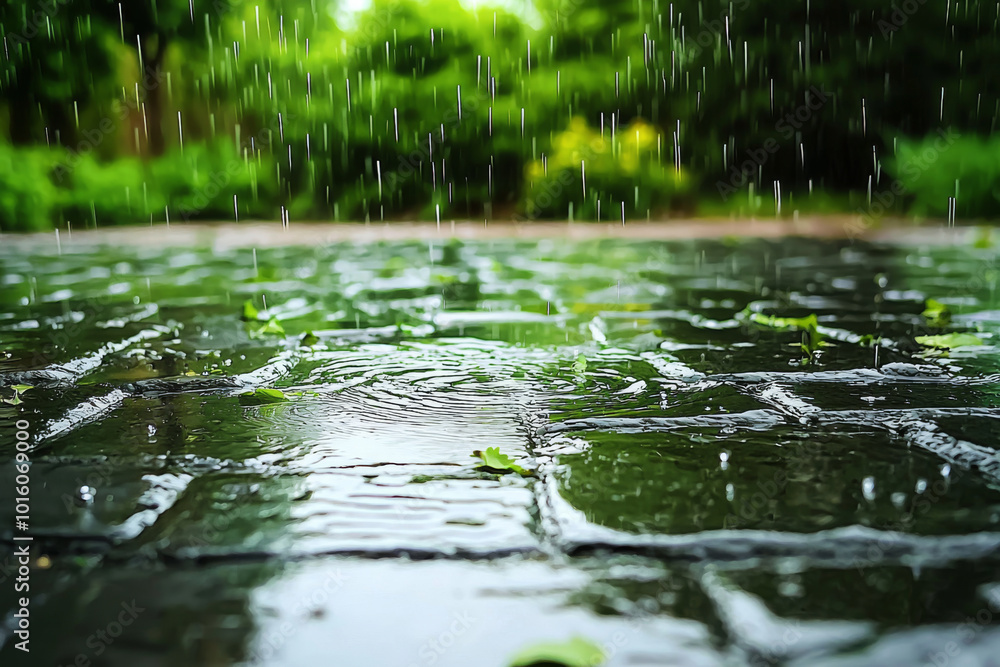 Fototapeta premium A close-up view of rain falling on a wet, textured surface, surrounded by lush greenery, creating a serene and tranquil atmosphere.