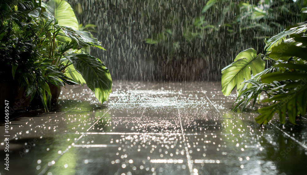 A serene indoor space with rain falling outside, surrounded by lush green plants and reflecting tiles. A serene indoor space with rain falling outside, surrounded by lush green plants and reflecting tiles.