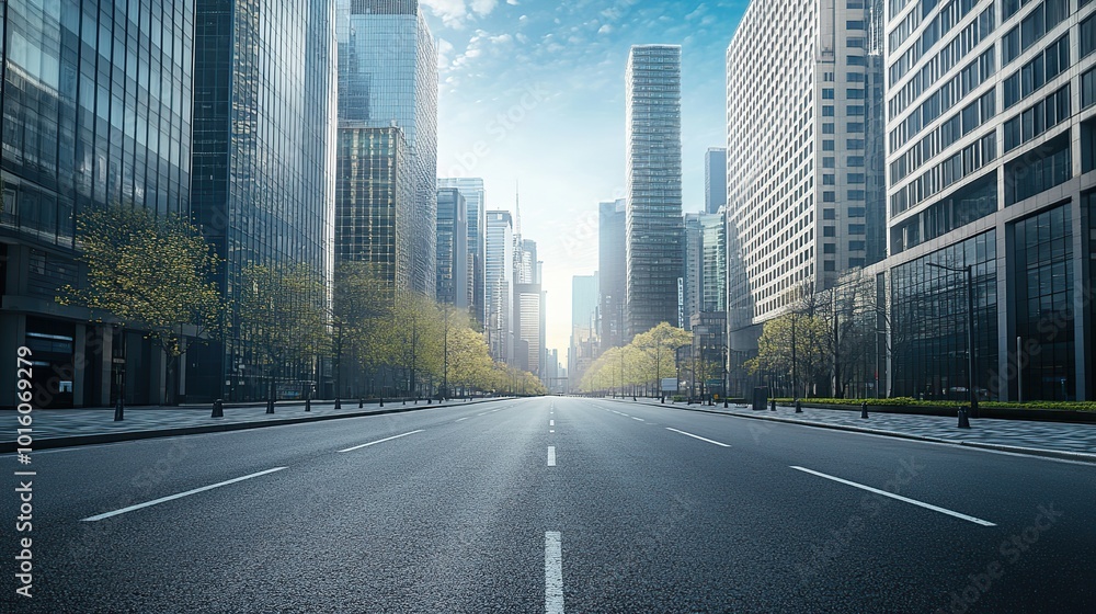 Fototapeta premium Deserted city street with skyscrapers. Modern city, future city and smart city concept