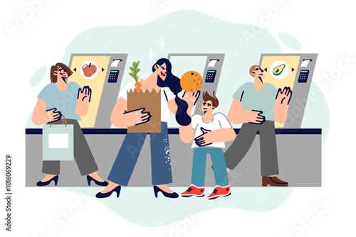 Vending machines and vending equipment or self-service cash registers behind people