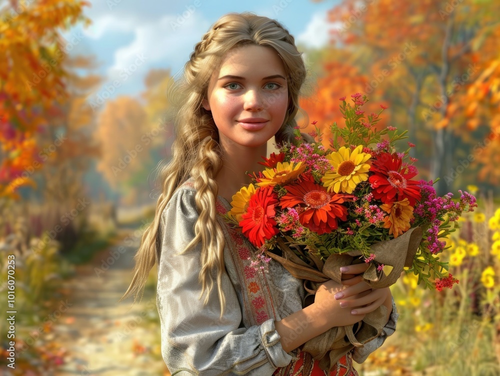 Beautiful Woman Holding a Bouquet of Flowers in a Lush Autumnal Garden, Nature, Beauty, Fall Colors, Feminine, Floral, Landscape Beautiful Woman Holding a Bouquet of Flowers in a Lush Autumnal Garden, Nature, Beauty, Fall Colors, Feminine, Floral, Landscape