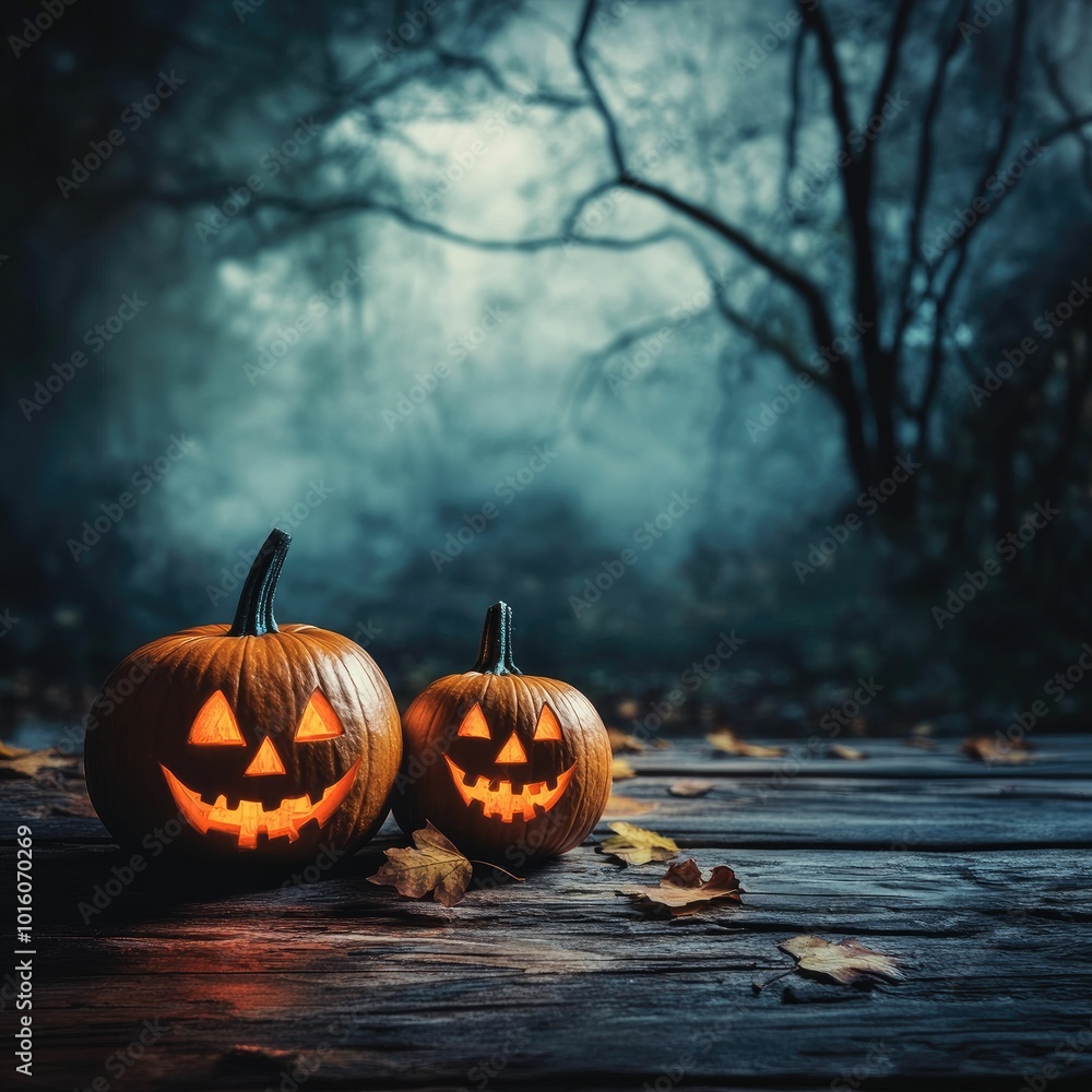 Halloween background with burning candles and a carved pumpkin on a table, spooky witch background Halloween background with burning candles and a carved pumpkin on a table, spooky witch background