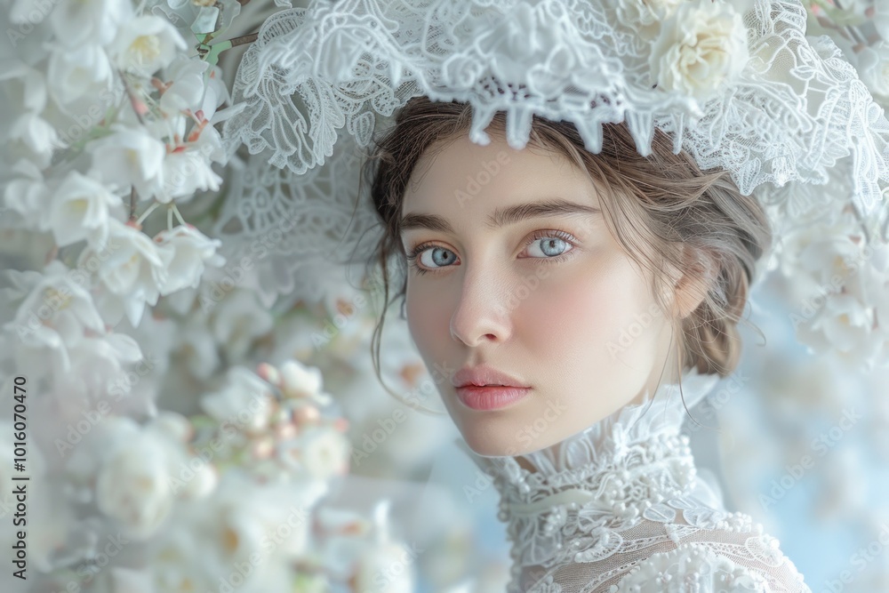 Elegant Woman in White Lace Dress with Blooming Flowers, Serene and Graceful Portrait, Beauty in Nature, Feminine Elegance, Soft Light Photography, Springtime Inspiration, Floral Fashion, Delicate Elegant Woman in White Lace Dress with Blooming Flowers, Serene and Graceful Portrait, Beauty in Nature, Feminine Elegance, Soft Light Photography, Springtime Inspiration, Floral Fashion, Delicate
