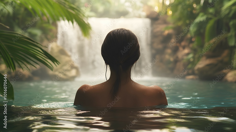Woman Relaxing in Natural Pool with Waterfall Background Woman Relaxing in Natural Pool with Waterfall Background