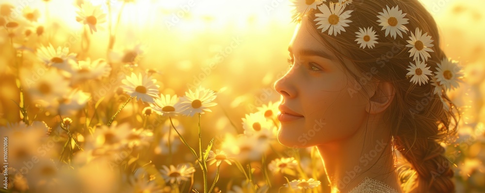 Golden Hour Beauty Woman in a Field of Daisies with a Flower Crown, Radiant and Serene in the Soft Sunlight, Stunning Nature Photography Golden Hour Beauty Woman in a Field of Daisies with a Flower Crown, Radiant and Serene in the Soft Sunlight, Stunning Nature Photography