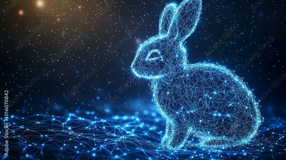 A vibrant digital rabbit, expressed through a glowing wireframe against a cosmic starry backdrop, representing futuristic wildlife in the digital domain. A vibrant digital rabbit, expressed through a glowing wireframe against a cosmic starry backdrop, representing futuristic wildlife in the digital domain.