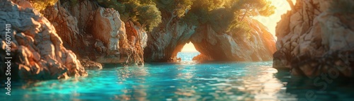 Golden Sunlight Illuminates a Rugged Marine Scene, Serene and Breathtaking A Natural Archway Over Turquoise Waters