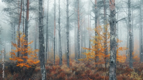 Misty Autumn Forest with Golden Leaves and Tall Trees