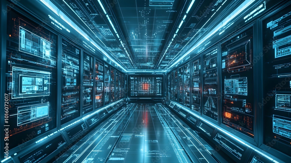 Fototapeta premium Futuristic Sci-Fi Hallway Interior with Computer and Monitor Screen on Wall, 3D Rendering. 