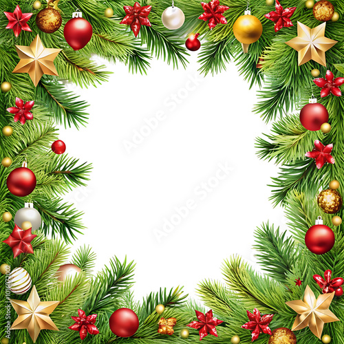 Christmas frame with branches and balls on transparent background