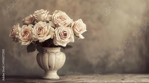 Bouquet of soft pink roses placed in vintage vase creates vintage aesthetic with delicate petals and muted background