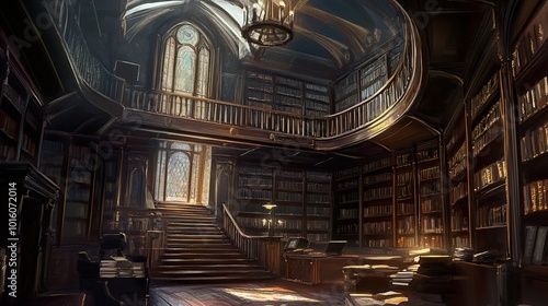 Grand Library Interior with Bookshelves and Staircase