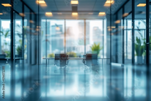 Blurred Background of Modern Office Interior with Glass Walls and Conference Room, Light Soft Focus for Design Presentation or Slide