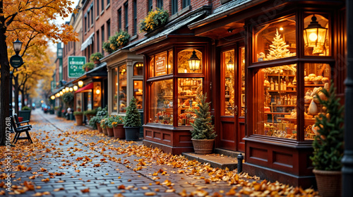 Fototapeta Naklejka Na Ścianę i Meble -  Charming Autumn Street with Boutique Shops and Colorful Fall Foliage
