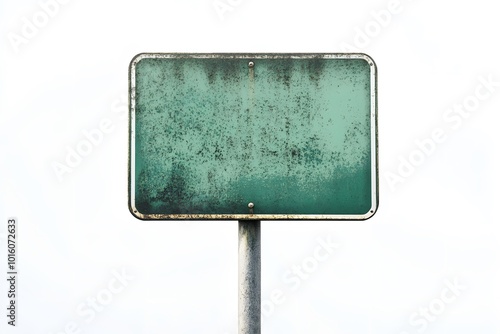 Blank Green Metal Sign with Rusty Frame on White Background