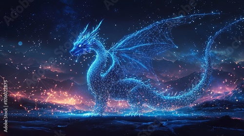 A stunning digital dragon with wings unfolds against a star-dotted backdrop, showcasing confidence and might in a futuristic art style.