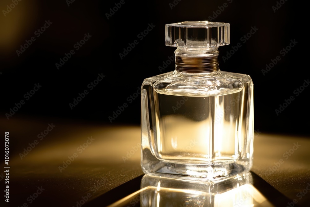 Elegant perfume bottle on glossy surface with golden light background Elegant perfume bottle on glossy surface with golden light background