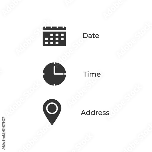 Date and time location address icon. Calendar, clock, location illustration symbol. Sign event data vector design.