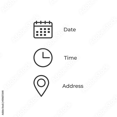 Date and time location address icon. Calendar, clock, location illustration symbol. Sign event data vector design.