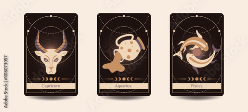 Capricornus, Aquarius, and Pisces zodiac symbols are hand-drawing styles on a dark brown background, Fit for paranormal, tarot readers, and astrologers