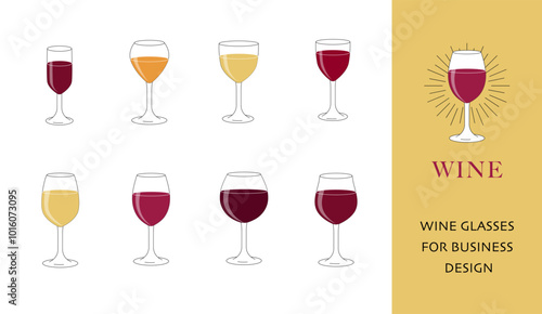 Wine Glass Outline Set with Colored Red and White Wine, Elements