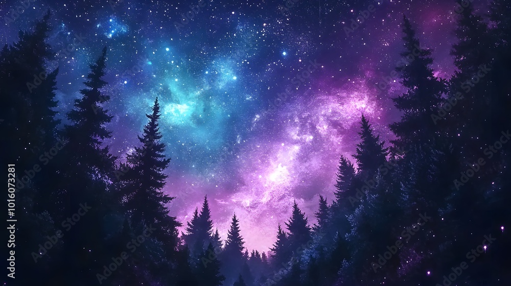 Silhouetted Forest Under a Magical Night Sky with Stars and Nebula Silhouetted Forest Under a Magical Night Sky with Stars and Nebula