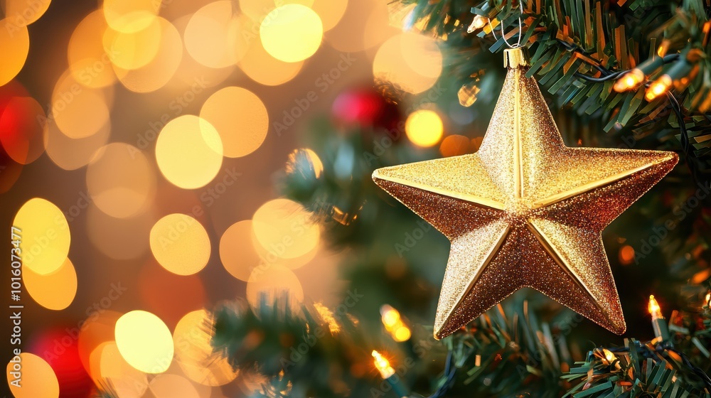 Golden Christmas star ornament on twinkling tree background Golden Christmas star ornament on twinkling tree background