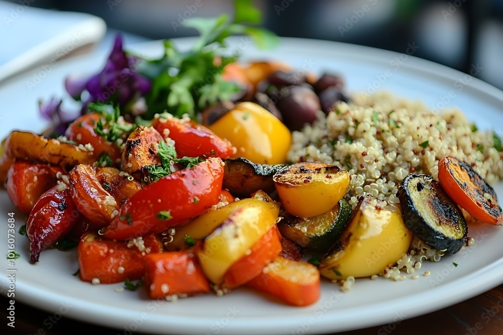A beautifully arranged plate of roasted vegetables with a side of quinoa