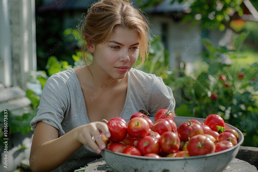 Sustainable Living Woman Harvesting Fresh Vegetables in a Serene Backyard Garden, Promote Healthy Eating and a Sustainable Lifestyle Sustainable Living Woman Harvesting Fresh Vegetables in a Serene Backyard Garden, Promote Healthy Eating and a Sustainable Lifestyle