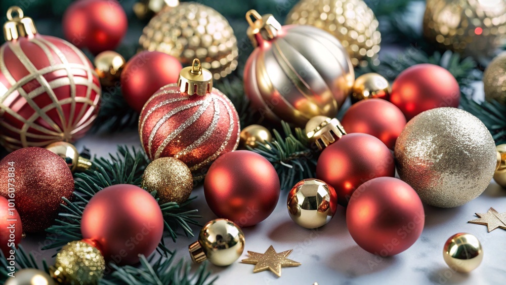 A beautiful assortment of red, gold, and silver Christmas ornaments arranged on green pine branches. These festive decorations include shiny and matte finishes, creating a perfect holiday display. A beautiful assortment of red, gold, and silver Christmas ornaments arranged on green pine branches. These festive decorations include shiny and matte finishes, creating a perfect holiday display.