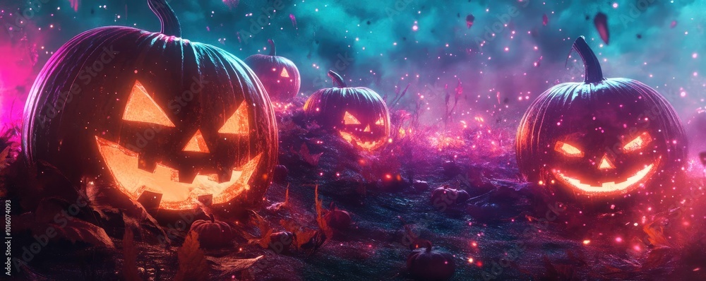 Eerie Halloween pumpkins glowing in vibrant colors against a mystical backdrop, perfect for festive and spooky themes. Eerie Halloween pumpkins glowing in vibrant colors against a mystical backdrop, perfect for festive and spooky themes.