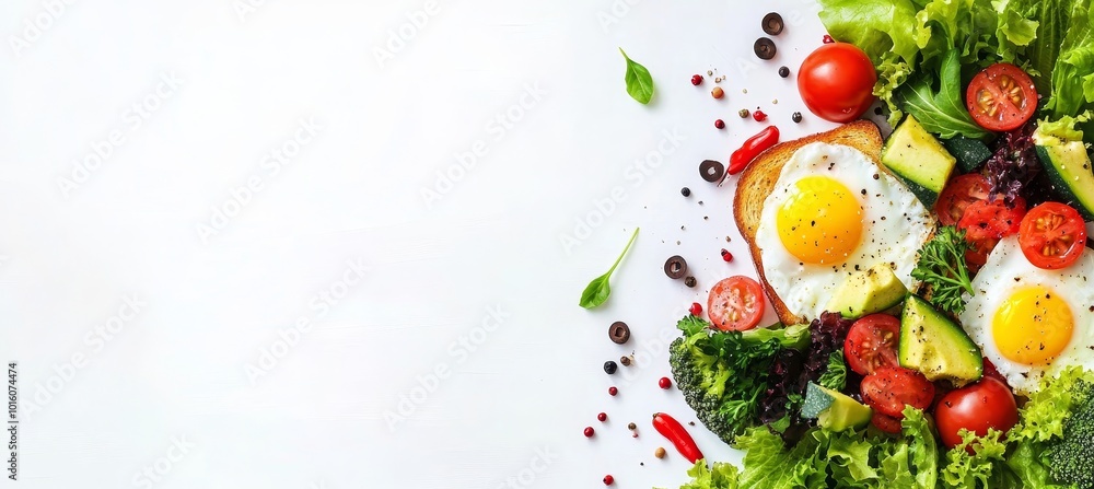 Healthy Hearty Tasty Avocado Toast With Fried Eggs And Fresh Greens, a Vibrant Breakfast Delight Healthy Hearty Tasty Avocado Toast With Fried Eggs And Fresh Greens, a Vibrant Breakfast Delight