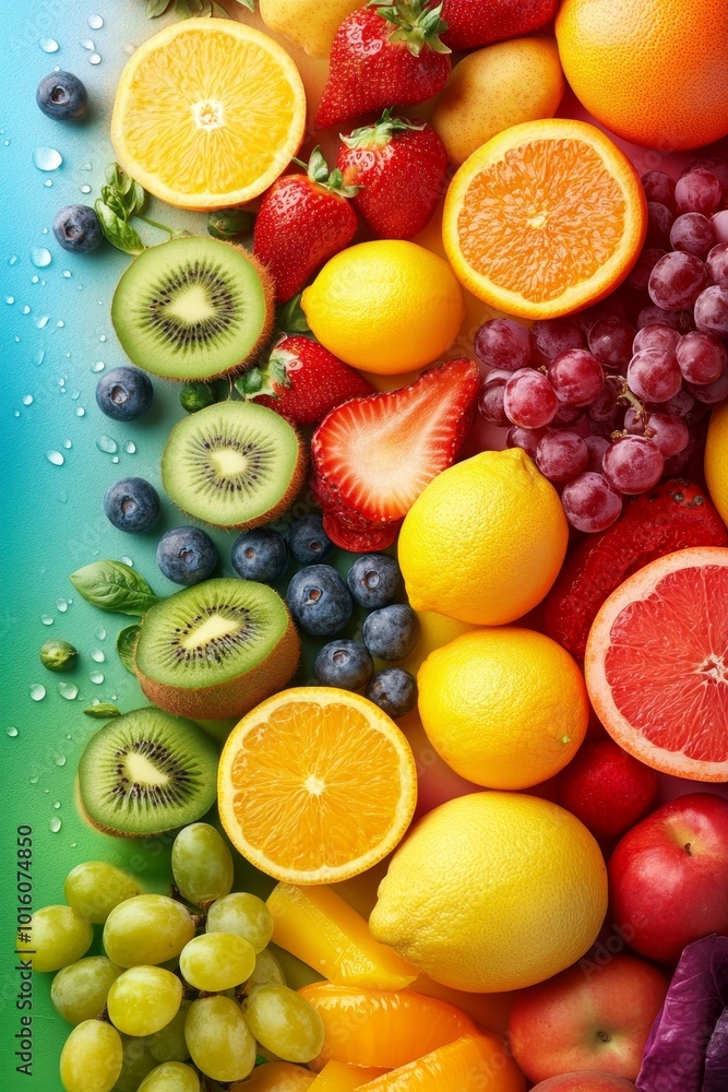 A Vibrant Rainbow of Fresh Fruit, Overhead View of Colorful Assortment Promoting Healthy Eating. A Vibrant Rainbow of Fresh Fruit, Overhead View of Colorful Assortment Promoting Healthy Eating.