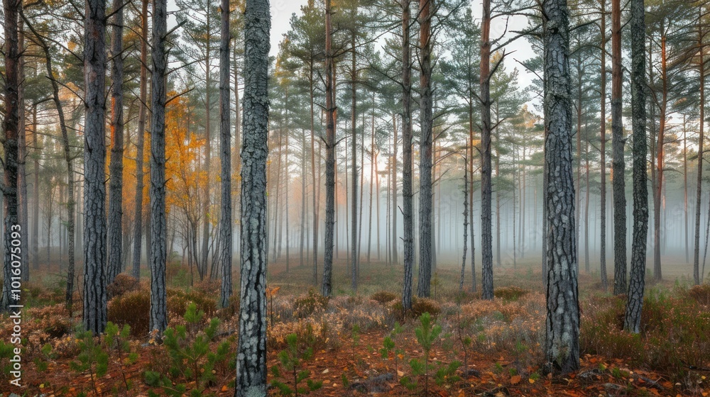 Fototapeta premium Misty Pine Forest with Autumn Colors