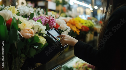 Unknown woman customer making contactless payment at flower shop