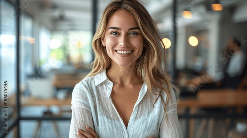 Smiling business woman in modern office standing with arms crossed