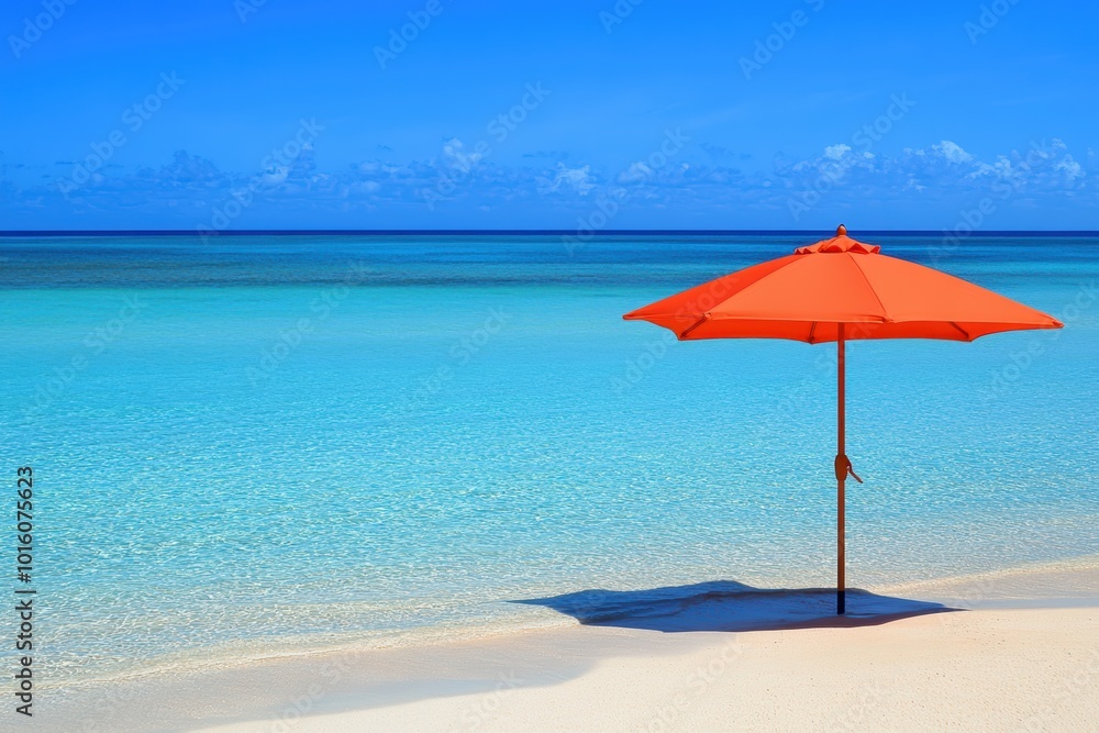 Tranquil tropical beach with single orange umbrella Tranquil tropical beach with single orange umbrella