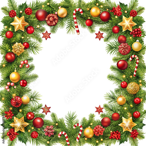 Christmas frame with branches and balls on transparent background