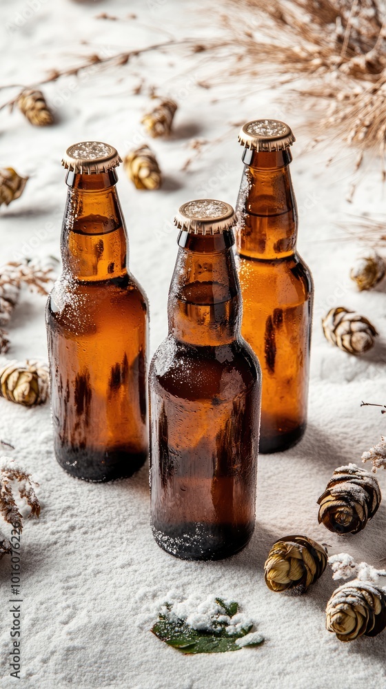 Local Beer Bottles Mockup with Winter Theme, Hops, and Barley on Cream Background Local Beer Bottles Mockup with Winter Theme, Hops, and Barley on Cream Background