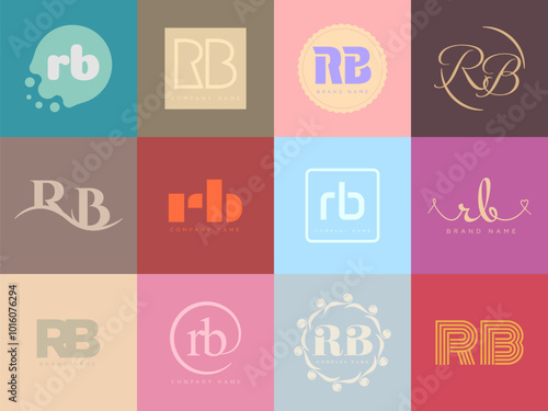 RB logo company template. Letter r and b logotype. Set different classic serif lettering and modern bold text with design elements. Initial font typography.