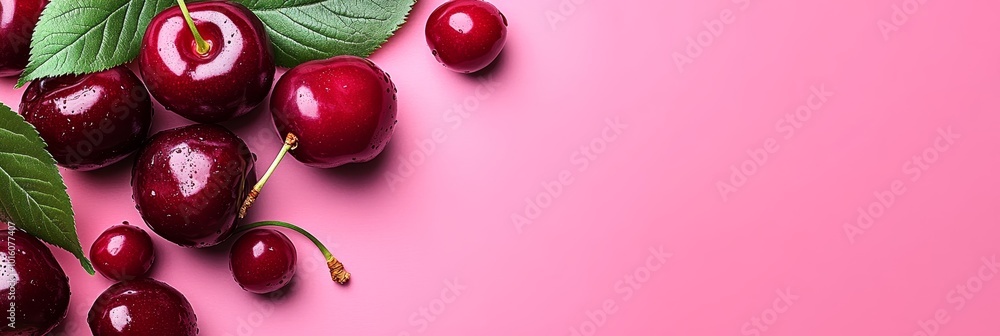 Fresh, ripe cherries with green leaves on a vibrant pink background. Top view, copy space. Fresh, ripe cherries with green leaves on a vibrant pink background. Top view, copy space.