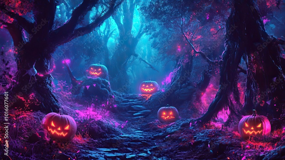 Fototapeta premium A mystical Halloween forest illuminated by glowing jack-o'-lanterns, surrounded by vibrant colors and eerie shadows.